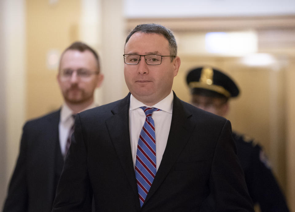 Former National Security Council Director for European Affairs Lt. Col. Alexander Vindman returns to the Capitol to review transcripts of his testimony in the impeachment inquiry of President Donald Trump, in Washington, Thursday, Nov. 7, 2019. (AP Photo/J. Scott Applewhite)