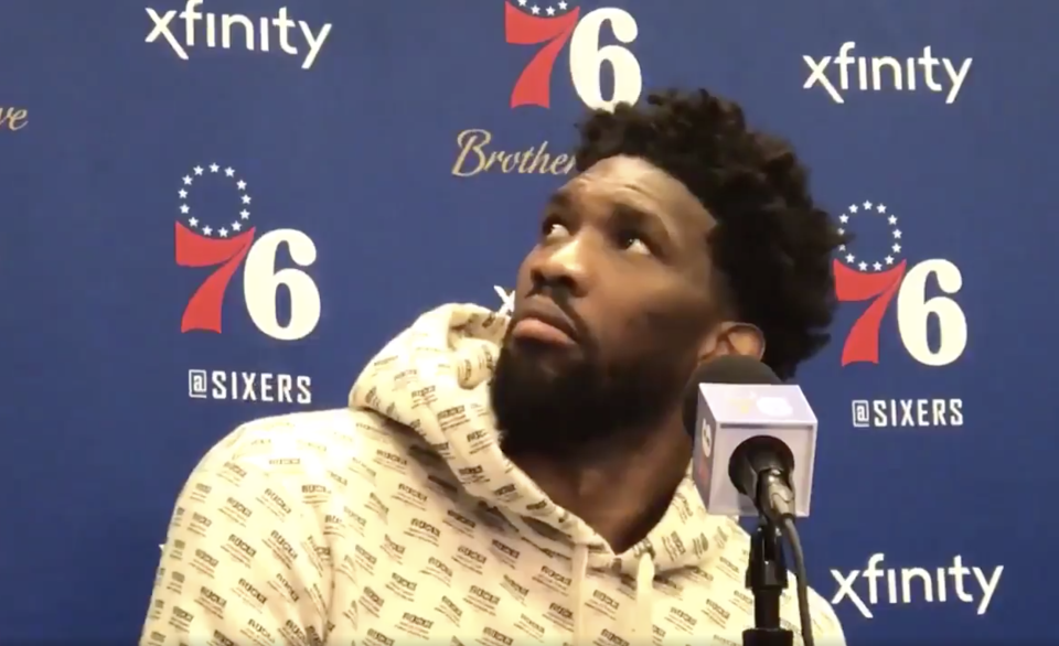 Joel Embiid appropriately responds to what sounded like a rat in the roof of Wells Fargo Center. (Twitter)