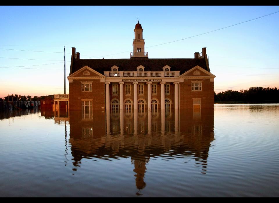 The historic Yazoo & Mississippi Valley Railroad Station is surrounded by floodwater May 17, 2011 in Vicksburg, Mississippi. The Mississippi river at Vicksburg is expected to crest May 19. Heavy rains have left the ground saturated, rivers swollen, and have caused widespread flooding along the Mississippi River from Illinois to Louisiana.  (Photo by Scott Olson/Getty Images)