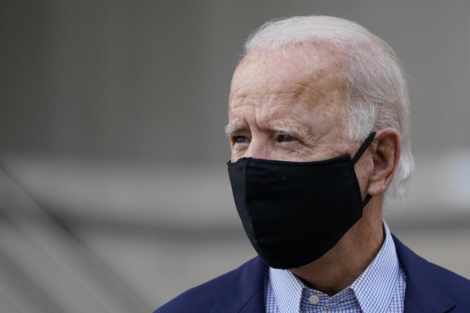 Democratic presidential candidate and former Vice President Joe Biden departs after voting early in Delaware's state primary election at the New Castle County Board of Elections office in Wilmington, Del., Monday, Sept. 14, 2020. (AP Photo/Patrick Semansky)