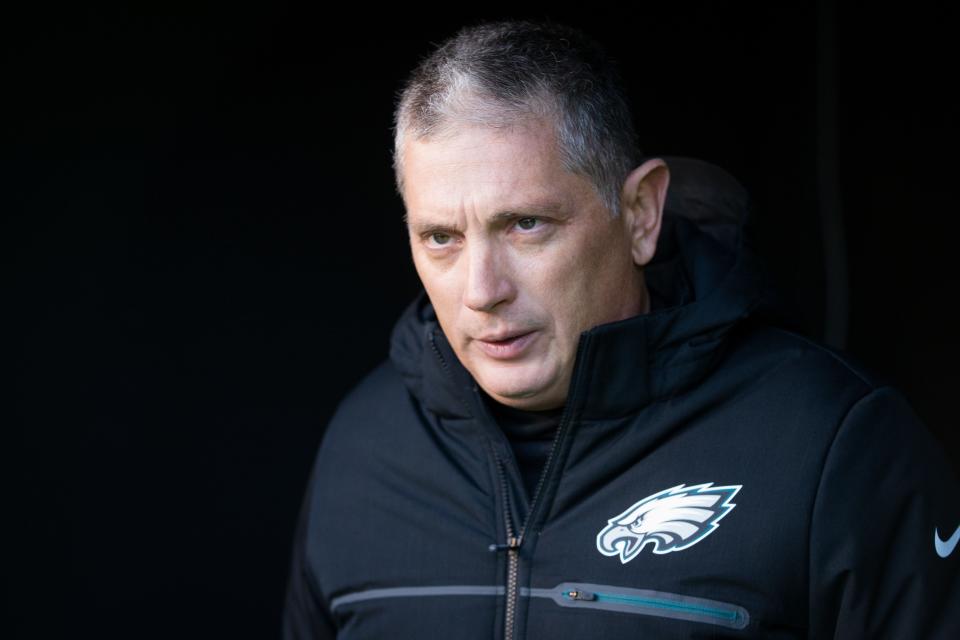 Jan 13, 2018; Philadelphia, PA, USA; Philadelphia Eagles defensive coordinator Jim Schwartz walks out of the tunnel for a game against the Atlanta Falcons at Lincoln Financial Field. Mandatory Credit: Bill Streicher-USA TODAY Sports