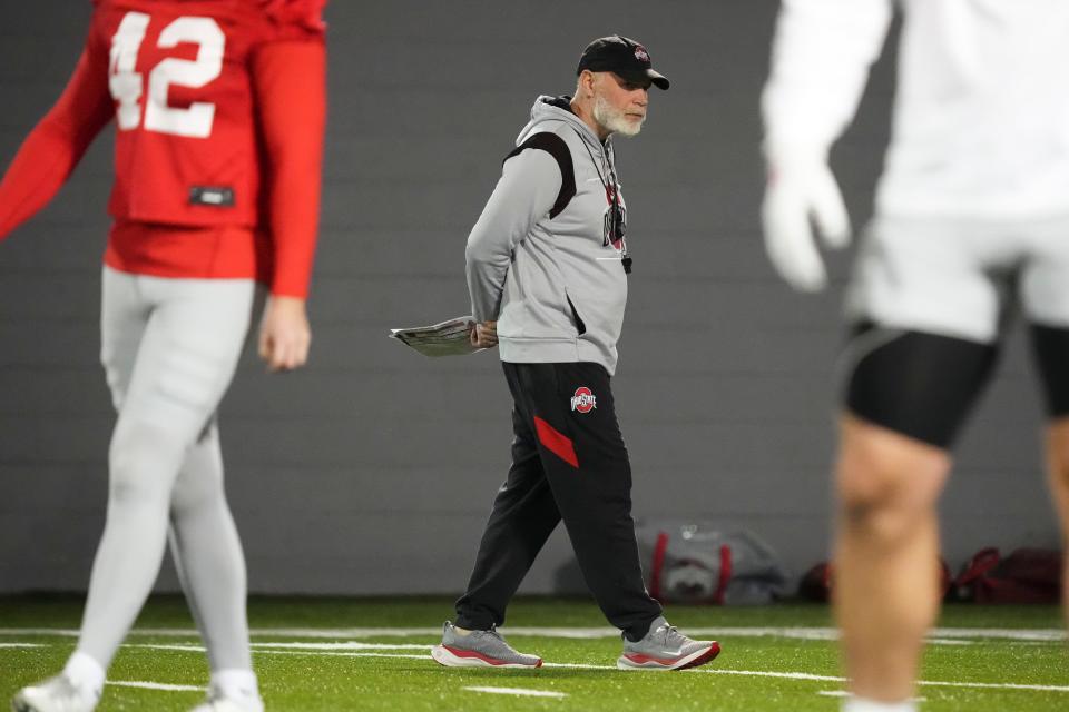 Mar 7, 2024; Columbus, OH, USA; Ohio State Buckeyes defensive coordinator Jim Knowles watches his team during spring football practice at the Woody Hayes Athletic Center.