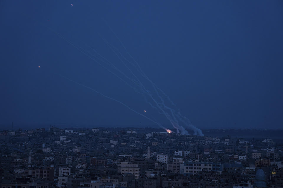 Rockets are launched from the Gaza Strip towards Israel, in Gaza, Wednesday, May 10, 2023. (AP Photo/Fatima Shbair)