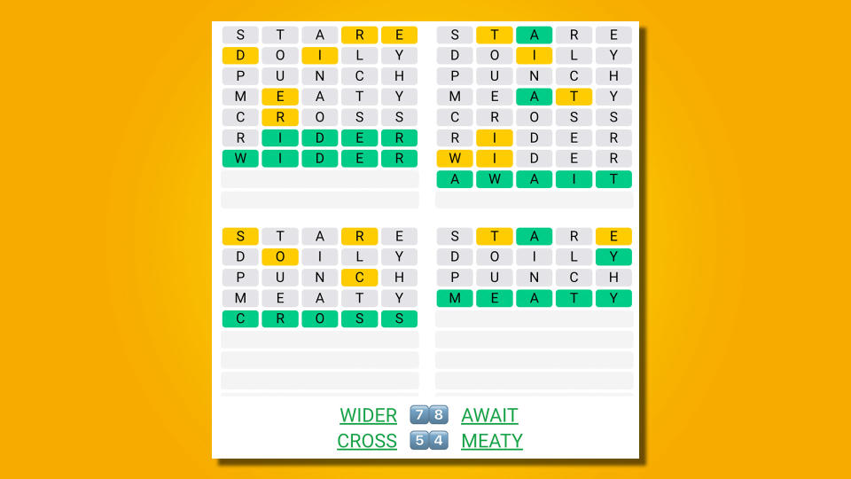 Quordle answers for game 484 on a yellow background