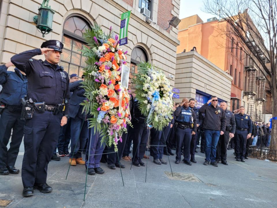 Hudson Valley police departments brought wreaths to the NYPD's 32nd Precinct in Harlem on Jan. 23, 2022, to show support for slain officer Jason Rivera.