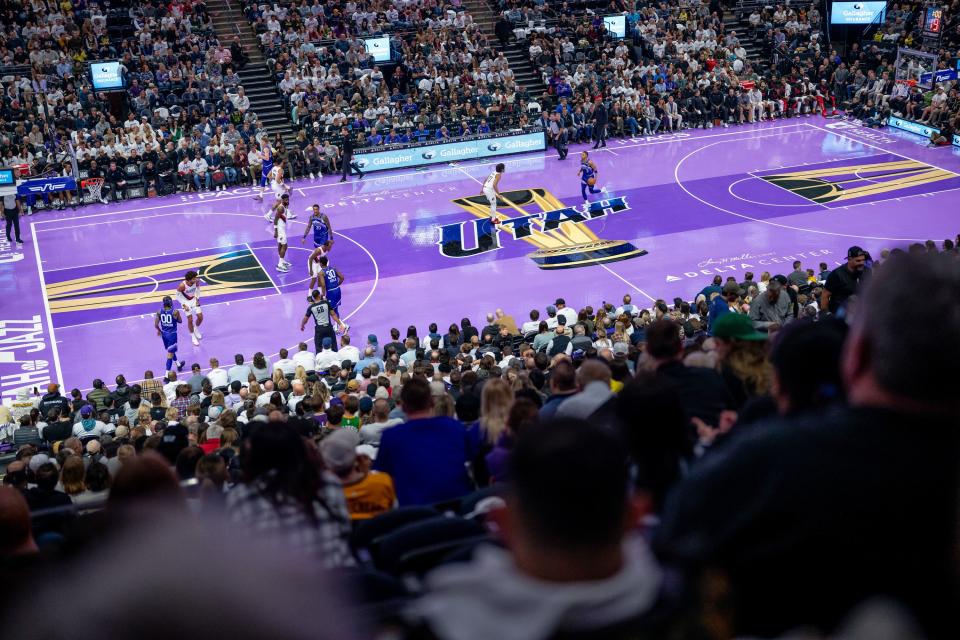 The Utah Jazz play the Portland Trail Blazers on a purple court at the Delta Center in Salt Lake City on Tuesday, Nov. 14, 2023. | Spenser Heaps, Deseret News