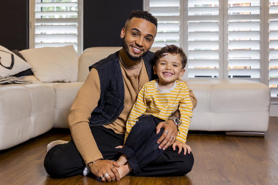 Aston Merrygold with three-year-old son Grayson (Mattel/PA)