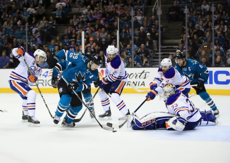 Logan Couture of the San Jose Sharks tries unsuccessfully to score a goal on goalie Cam Talbot of the Edmonton Oilers in Game Six of the Western Conference first round during the 2017 NHL Stanley Cup Playoffs, in San Jose, California, on April 22