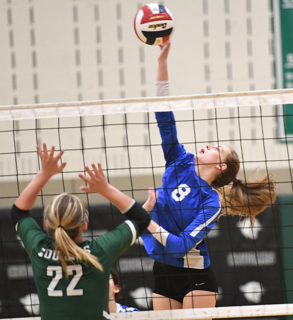 Berlin Brothersvalley's Lynndee Ickes (8) plays the ball over North Star's Dannyn Ashbrook (22) during an Inter-County Conference volleyball contest, Sept. 7, in Boswell.