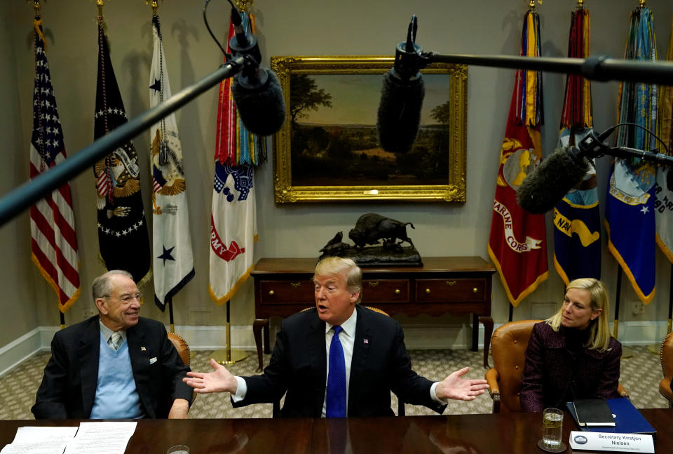 Sen. Chuck Grassley (R-Iowa) and Homeland Security Secretary&nbsp;Kirstjen Nielsen sit next to President Donald Trump at a meeting to discuss immigration. (Photo: Kevin Lamarque/Reuters)