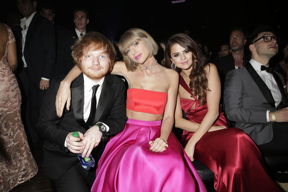 Ed Sheeran, Taylor Swift, and Selena Gomez in the audience at The 58TH ANNUAL GRAMMY AWARDS on Monday, Feb. 15, 2016. | CBS via Getty Images—2016 CBS Photo Archive