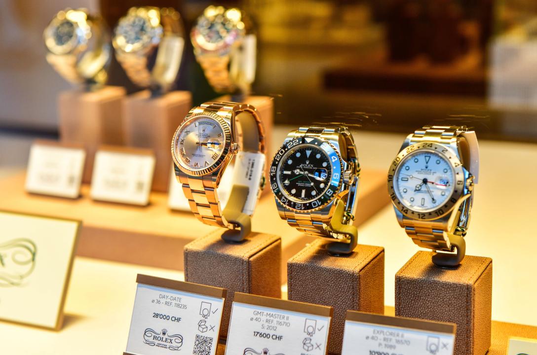 Zermatt, Switzerland - May 21, 2023: Rolex luxury watches for sale in window store 