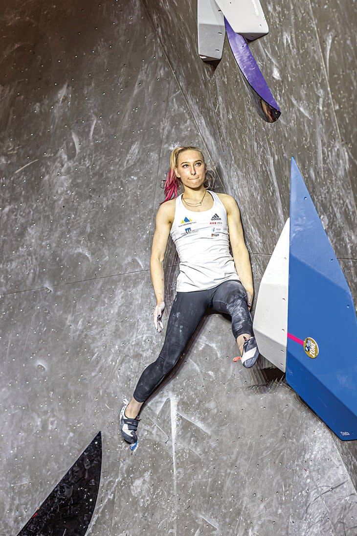 Janja Garnbret climbing indoors.