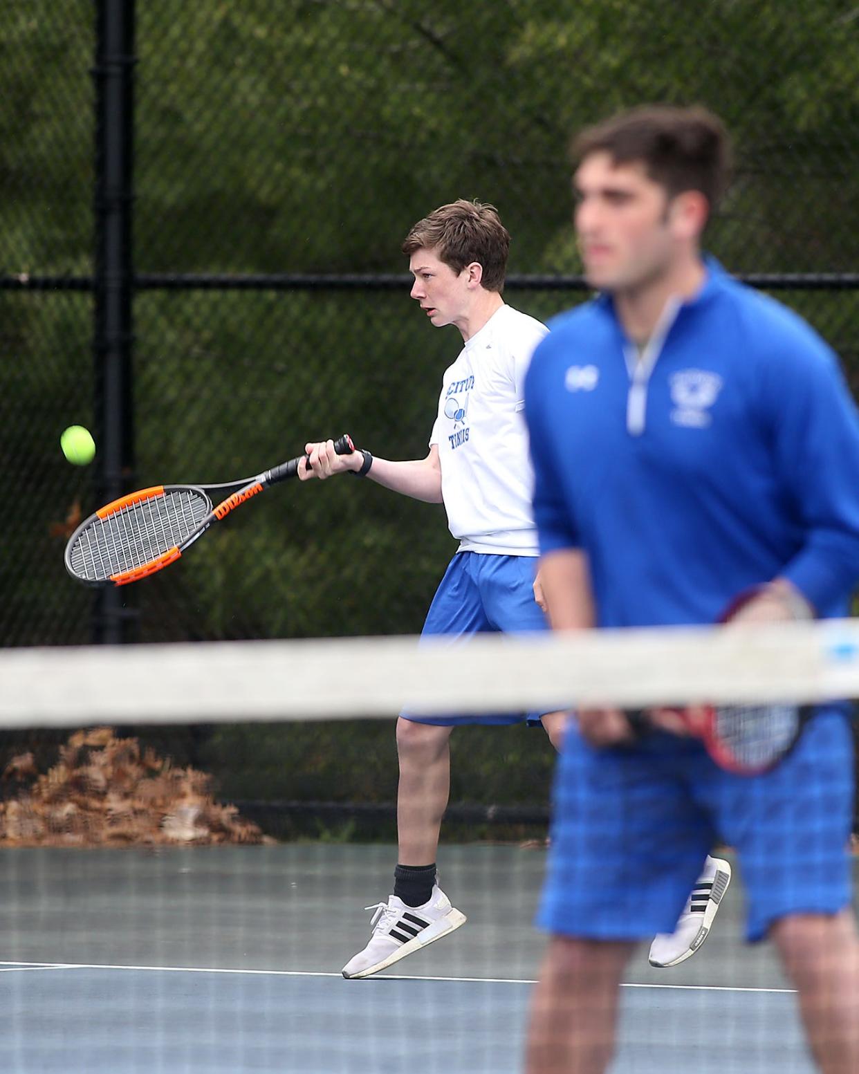 Scituate #2 doubles player Jack Dalicandro hits a forehand return during his match against Marshfield at Marshfield High School on Monday, May 2, 2022. 