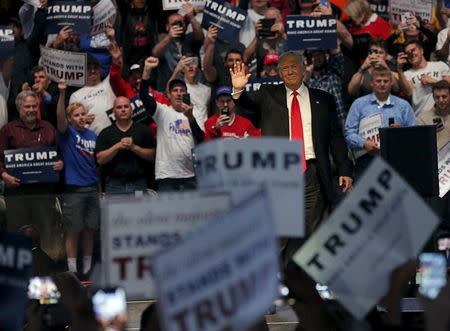 U.S. Republican presidential candidate Donald Trump arrives to speak at a campaign event in Indianapolis, Indiana, United States, April 27, 2016. REUTERS/Jim Young