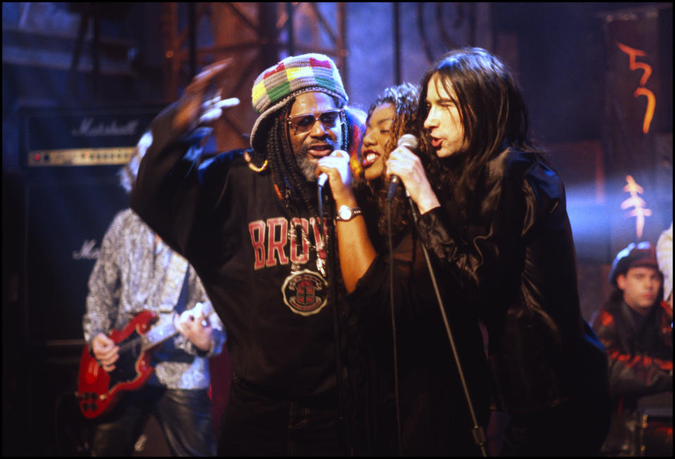 George Clinton performing with Denise Johnson and Bobby Gillespie of Primal Scream at NBC TV Studios, New York, United States 20 July 1996. (Photo by David Corio/Redferns)