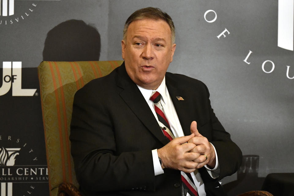 Secretary of State Mike Pompeo speaks at the University of Louisville McConnell Center's Distinguished Speaker Series in Louisville, Ky., Monday, Dec. 2, 2019. (AP Photo/Timothy D. Easley)