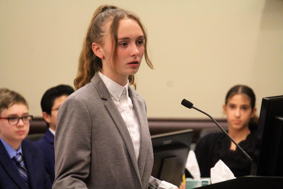 Middle school students from Corpus Christi Catholic School in Holland held a mock trial Friday, May 13, in Grand Haven. Judge Jon Hulsing presided over the trial.