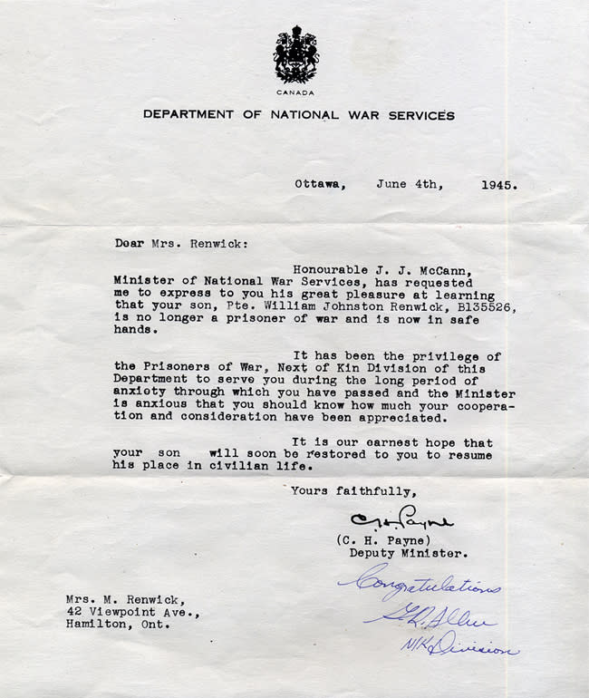 <p class="MsoNormal"><span>Government letter reporting Bill Renwick's release from a German POW camp. Photo courtesy of <a href="http://www.thememoryproject.com/stories/2026:bill-renwick/" rel="nofollow noopener" target="_blank" data-ylk="slk:Historica-Dominion Institute;elm:context_link;itc:0;sec:content-canvas" class="link ">Historica-Dominion Institute</a>.</span></p> <p class="MsoNormal"><span><br></span></p>