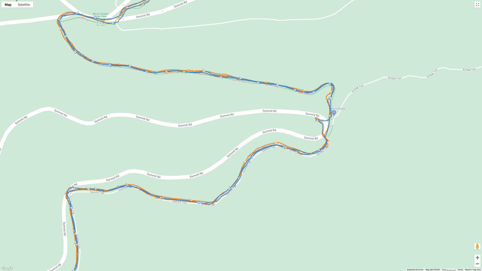 A map showing how the Garmin Forerunner 965 and Apple Watch Ultra 2's post-run GPX maps compare for GPS accuracy