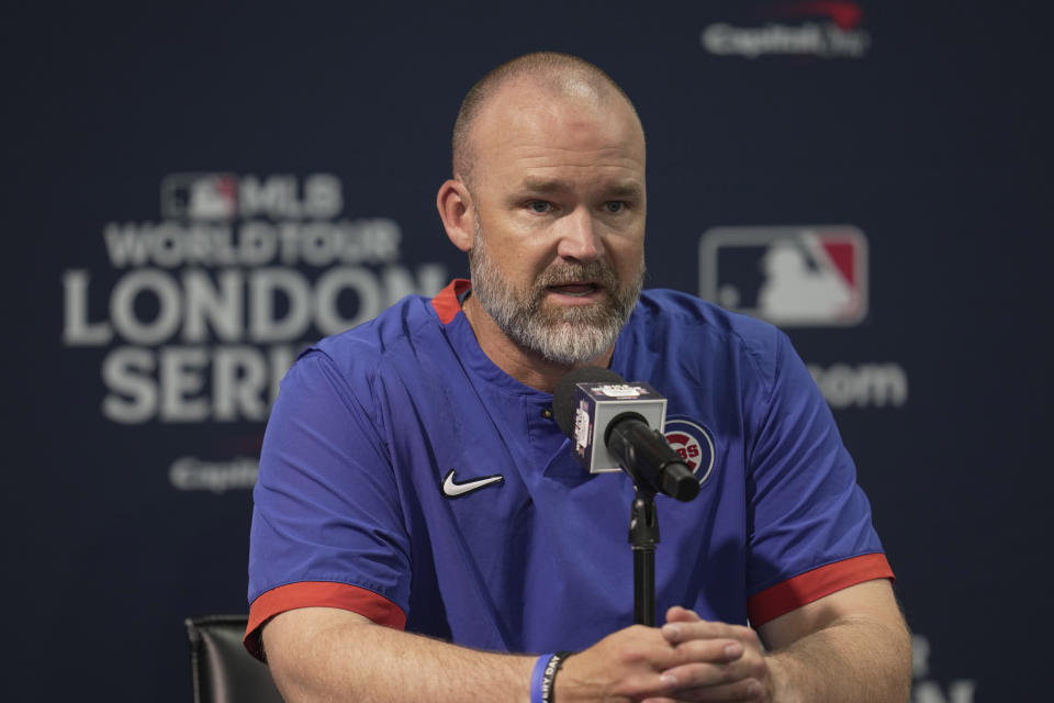 Chicago Cubs' Manager David Ross speaks during a press conference ahead of the baseball match against St. Louis Cardinals at the MLB World Tour London Series, in London Stadium. (AP Photo/Kin Cheung)