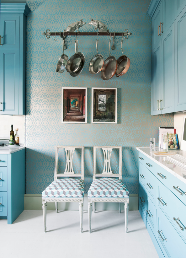 <p>Sheila Bridges went glam in her pint-sized <a href="https://www.housebeautiful.com/room-decorating/kitchens/a1149/sheila-bridges-interview-0713/" rel="nofollow noopener" target="_blank" data-ylk="slk:Manhattan kitchen;elm:context_link;itc:0;sec:content-canvas" class="link ">Manhattan kitchen</a>, pairing cabinets in Benjamin Moore’s Hemlock with her own metallic Torino Damask wallpaper.</p>