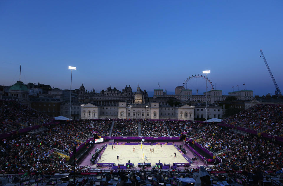 LONDON, ENGLAND - JULY 28: A general view during the Women's Beach Volleyball Preliminary Round between Switzerland and Greece on Day 1 of the London 2012 Olympic Games at Horse Guards Parade on July 28, 2012 in London, England. (Photo by Ryan Pierse/Getty Images)