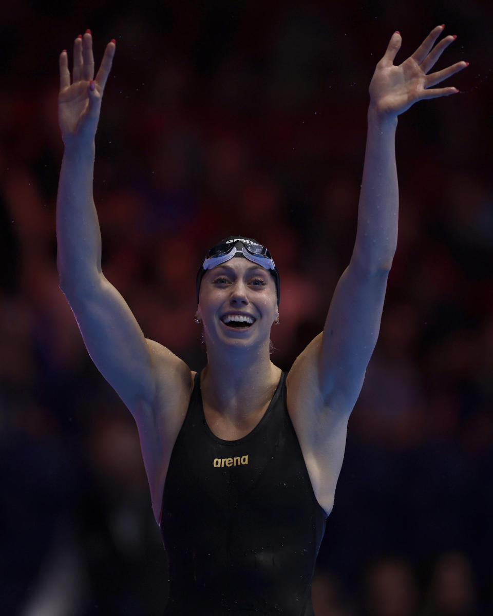 Gretchen Walsh celebrates after breaking the world record in the women's 100m butterfly semifinal (Sarah Stier / Getty Images)