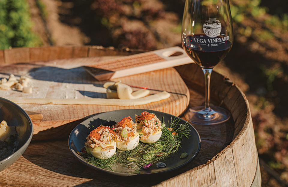 Small Bites At Vega Vineyard And Farm Include Deviled Eggs With Blue Crab.