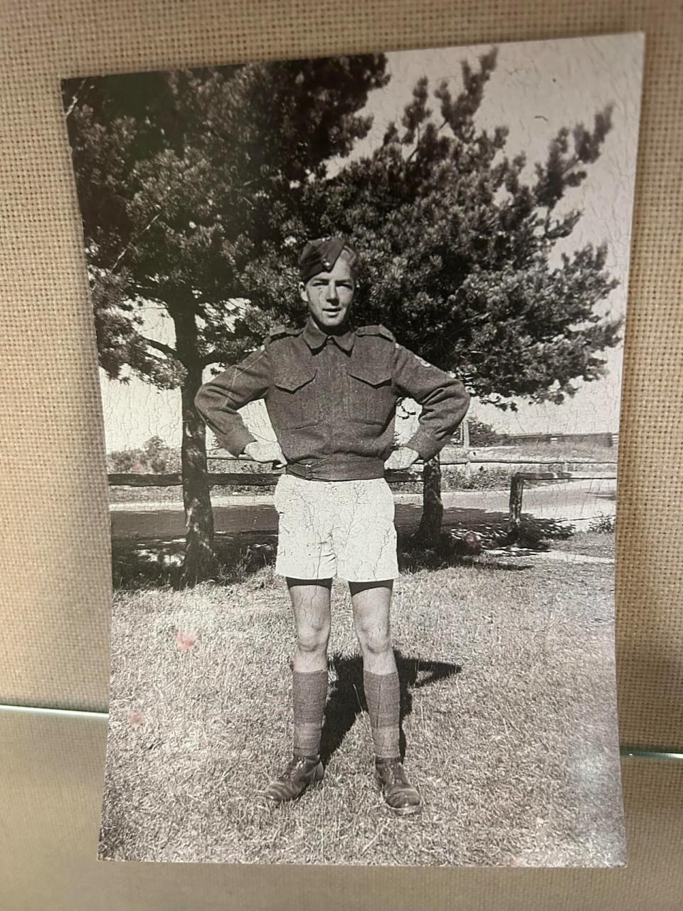 Armitage, 17, poses in shorts at what was then called Camp Petawawa in 1942, shortly after enlisting.