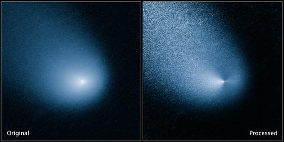 The images above show — before and after filtering — comet C/2013 A1, also known as Siding Spring, as captured by Wide Field Camera 3 on NASA's Hubble Space Telescope. Image released March 27, 2014.