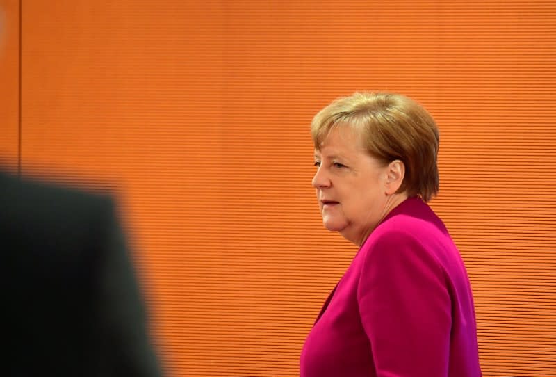 German Chancellor Angela Merkel arrives at the weekly cabinet meeting at the Chancellery following the outbreak of the coronavirus disease (COVID-19) in Berlin