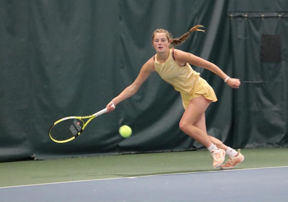 Roosevelt's Ella Cornett plays during the AA girls state tennis tournament on Thursday, October 6, 2022, in Rapid City.