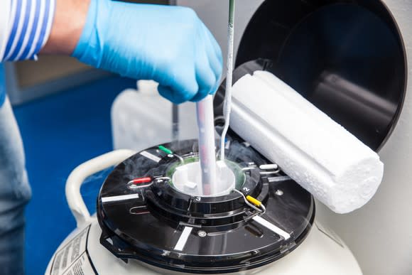 A person using cryogenic equipment in a lab.