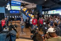 Founder & CEO of Monumental Sports & Entertainment and owner of the Washington Wizards and the Washington Capitals Ted Leonsis speaks at a ribbon cutting for the William Hill Sportsbook at Monumental Sports & Entertainment's Capital One Arena in Washington, Wednesday, May 26, 2021. The first full-service sportsbook at a major four North American pro sports venue in the United States opens its doors. (AP Photo/Andrew Harnik)