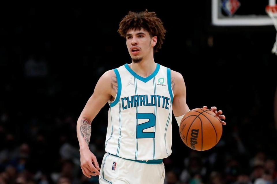 Charlotte Hornets’ LaMelo Ball during the second half of an NBA basketball game against the Boston Celtics Wednesday, Jan. 19, 2022, in Boston. (AP Photo/Winslow Townson)