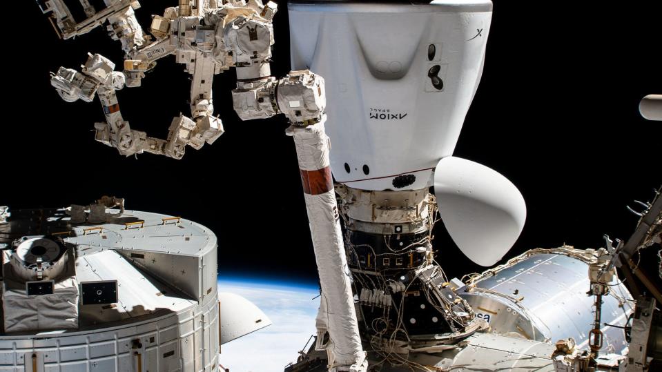 The SpaceX Dragon Endeavour crew ship is pictured docked to the Harmony module's space-facing international docking adapter. Endeavour carried four Axiom Mission 1 astronauts, Commander Michael Lopez-Alegria, Pilot Larry Connor, and Mission Specialists, Eytan Stibbe and Mark Pathy, to the International Space Station for several days of research, education, and commercial activities.