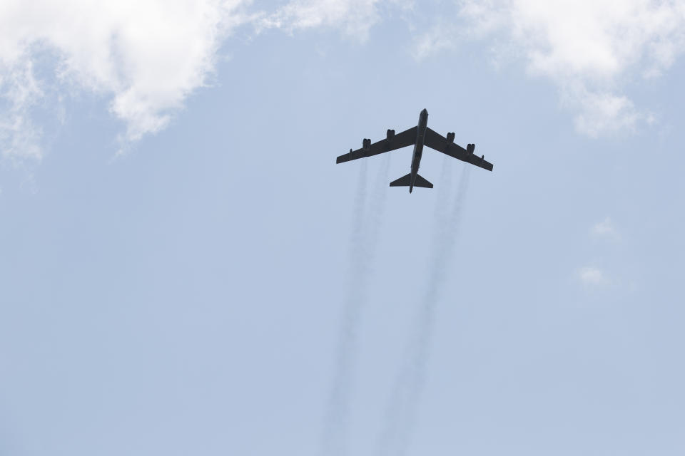 An U.S. Air Force B.52 bomber flies over combat drills during Flintlock 2023 at Sogakope beach resort, Ghana, Tuesday, March 14, 2023. As extremist violence in West Africa's Sahel region spreads south toward coastal states, the United States military has launched its annual military training exercise which will help armies contain the jihadi threat. Soldiers from several African countries are being trained in counter-insurgency tactics as part of the annual U.S.-led exercise known as Flintlock. (AP Photo/Misper Apawu)