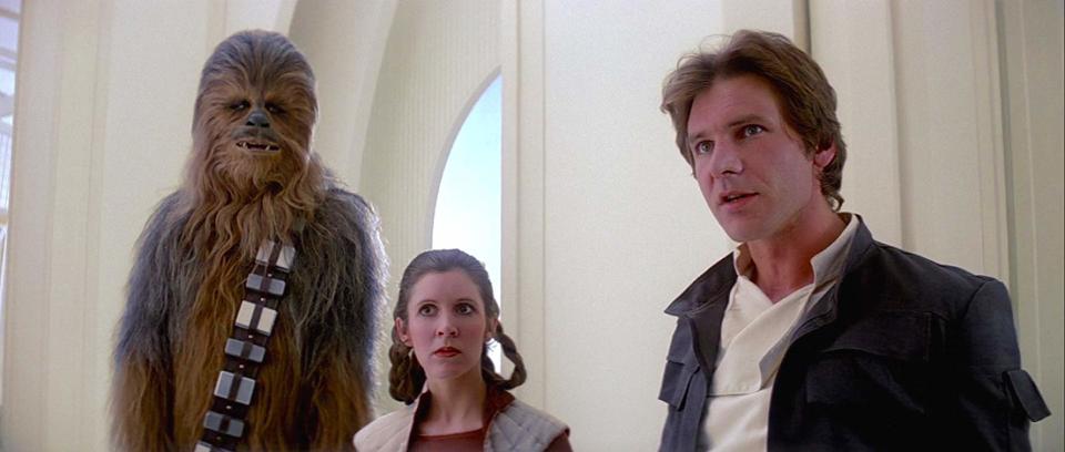 Chewbacca, Princess Leia, and Han Solo in The Empire Strikes Back