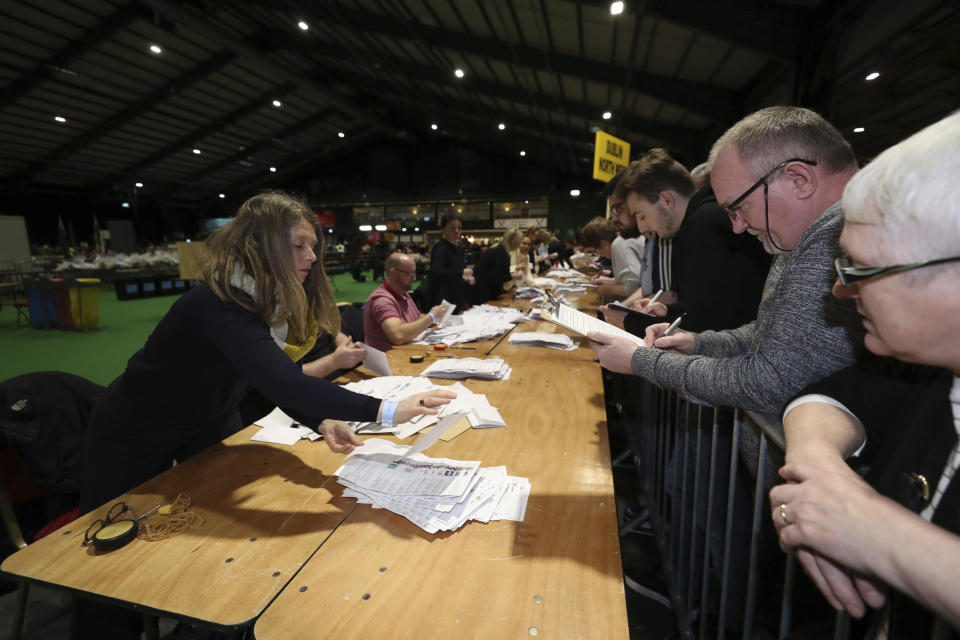 Counting starts for the Irish General Election in Dublin, Sunday Feb. 9, 2020. Irish voters are choosing their next prime minister in an election where frustration with economic austerity and a housing crisis seem to have fuelled political uncertainty. (Niall Carson/PA via AP)