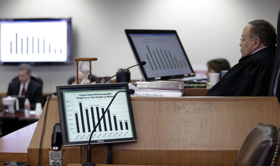 Graphs are displayed on monitors as State District Judge John Dietz listens to closing arguments in the second phase of Texas' school finance trial before , Friday, Feb. 7, 2014, in Austin, Texas. (AP Photo/Eric Gay)