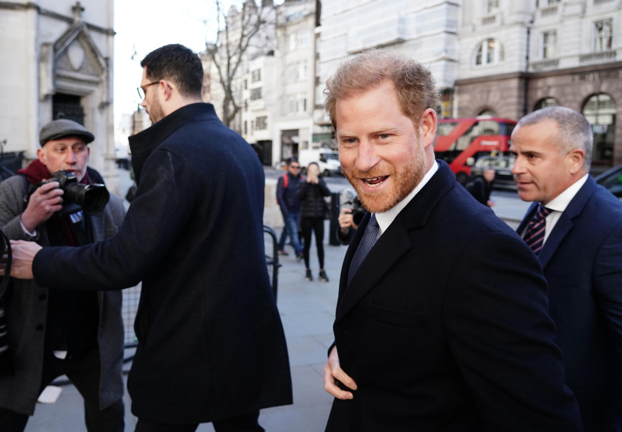 The Duke of Sussex (centre) arrives at the Royal Courts Of Justice, central London, ahead of a hearing claim over allegations of unlawful information gathering brought against Associated Newspapers Limited (ANL) by seven people - the Duke of Sussex, Baroness Doreen Lawrence, Sir Elton John, David Furnish, Liz Hurley, Sadie Frost and Sir Simon Hughes. Picture date: Monday March 27, 2023.