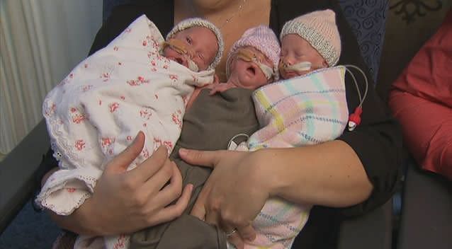 Triplets Isobel, Georgina and Frankie  are thriving following Victorian first laser surgery. Photo: 7News