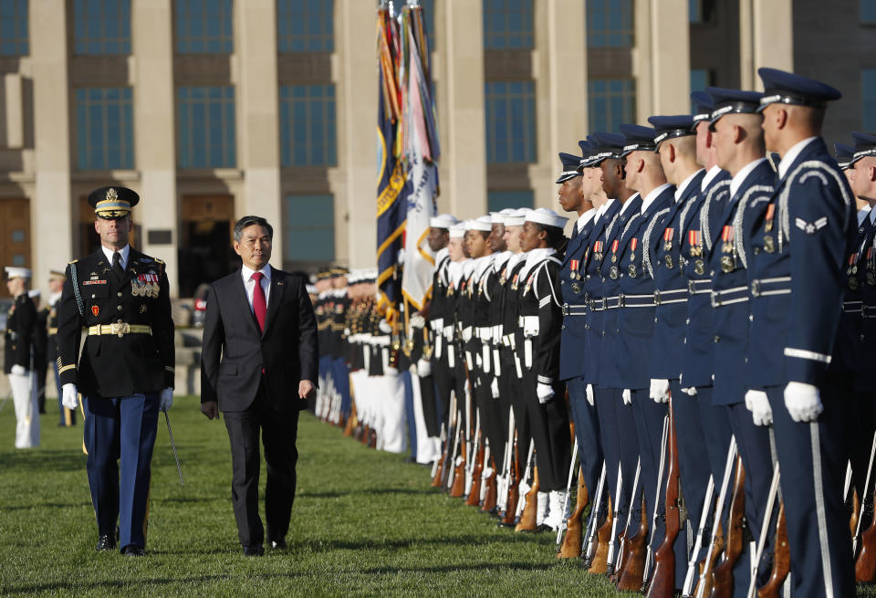 South Korea Minister of Defense Jeong Kyeong-doo, reviewing the troops as he co-hosts the 2018 Security Consultative with Defense Secretary Jim Mattis at the Pentagon, Wednesday, Oct. 31, 2018. (AP Photo/Pablo Martinez Monsivais)