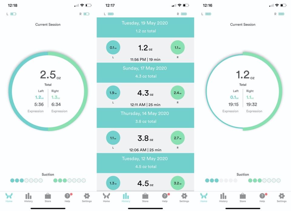 Breast pump app screenshots