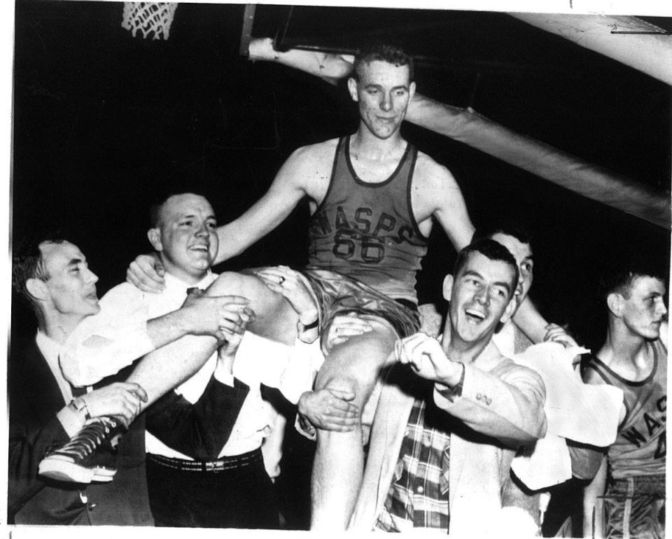 King Kelly Coleman was hoisted on the shoulders of fans after scoring 68 points in the third-place game of the 1956 state basketball tournament at Rupp Arena in Lexington. He was still mad because the crowd had booed him in an earlier game. He played for Wayland High School.