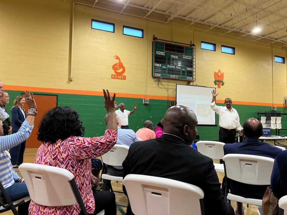 Residents gather at the Jake Gaither Community Center to air their frustrations over the extreme flooding in southside Tallahassee, April 18, 2024.