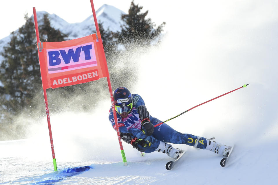 FILE - United States' Ted Ligety speeds down the course during an alpine ski, men's World Cup Giant slalom, in Adelboden, Switzerland, in this Saturday, Jan. 9, 2021, file photo. The World Pro Ski Tour starts the season this weekend with a pair of races in Steamboat Springs, Colorado. The person you're competing against could be a national team member, World Cup competitor, college standout, journeyman or even two-time Olympic champion Ted Ligety, who’s been known to make an appearance in the field. (AP Photo/Marco Tacca, File)