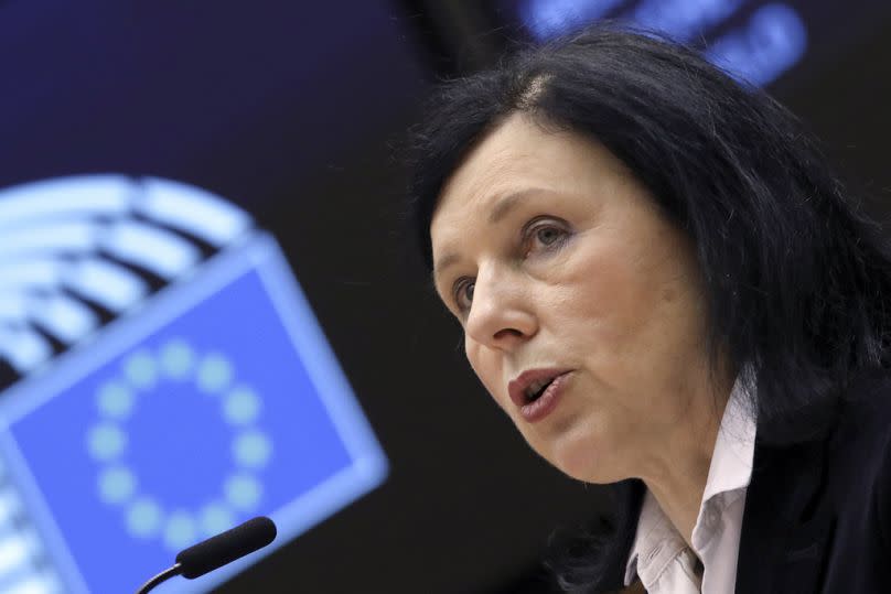 European Commissioner for Values and Transparency Vera Jourova addresses the plenary at the European Parliament in Brussels, March 2021