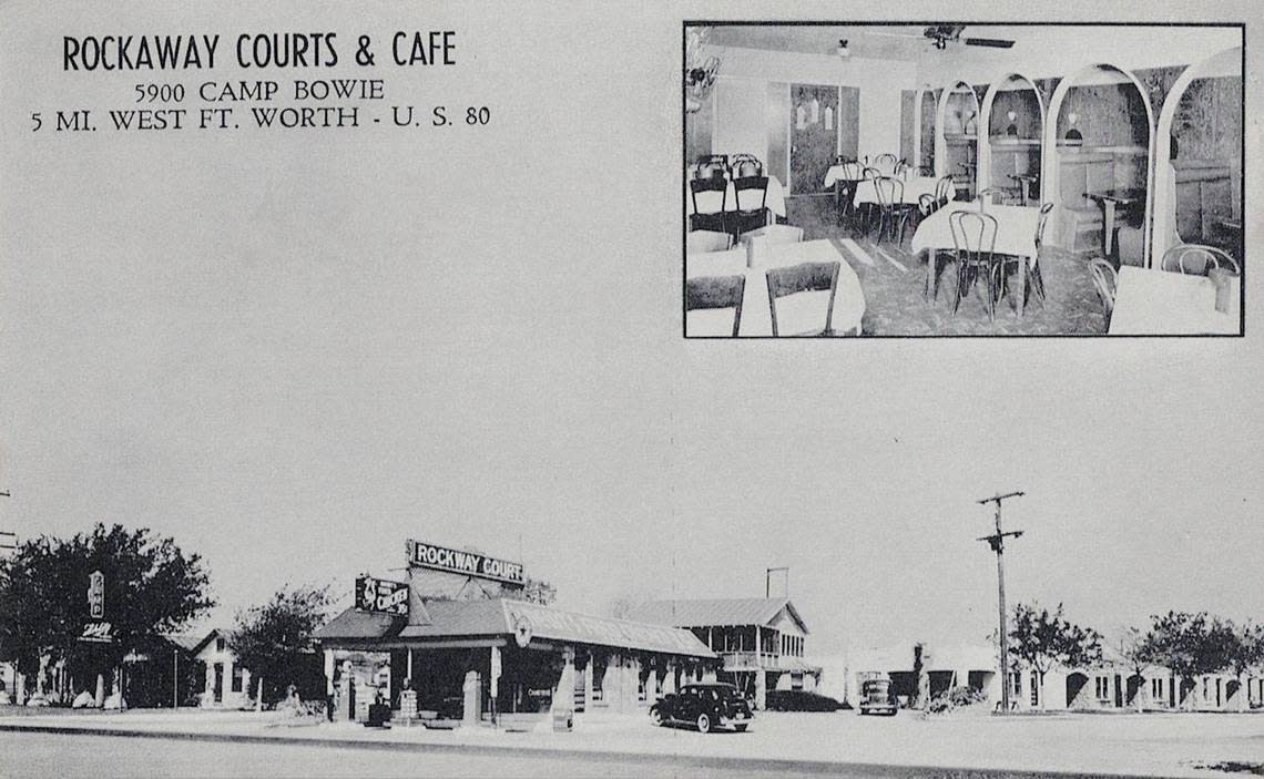 Rockaway Courts Café, at 5900 Camp Bowie Blvd., offered gasoline, fried chicken, and a room for the night through the mid-1960s. After being open for a few years during the 1930s, its name was changed to “Rockway Court.”